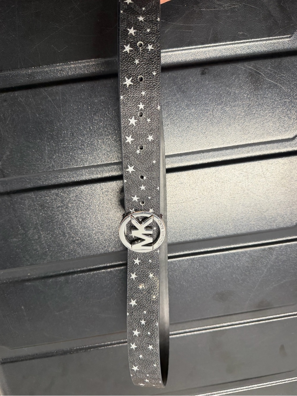 Michael Kors Black Star-Print Leather Belt with Silver MK Logo Buckle